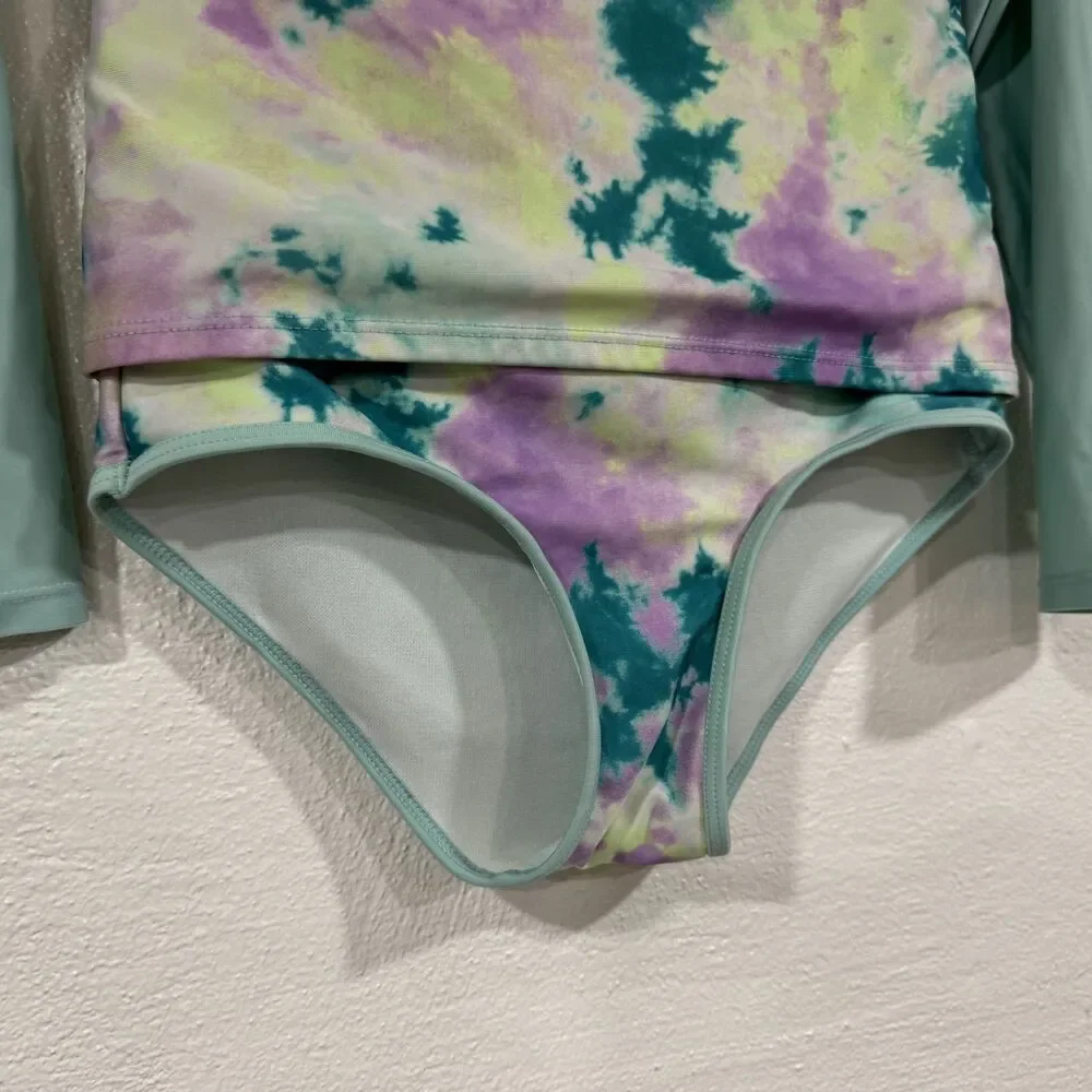 Justice Surf Rash Guard Swimsuit Girls Large 12 14 Tie Dye Long Sleeve Swim Set